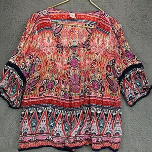 Bila Womens Medium Pink Multi Color Paisley Boho Peasant Top Bell Sleeve